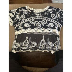 Ember Top Size Large Black White Embroidered Sheer Mesh Crochet Dark Mesh Lace